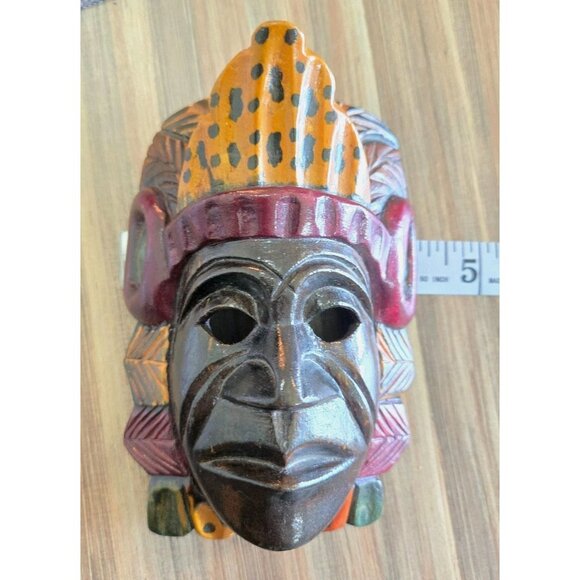 Mayan Vtg Mask Hand Carved Wood 5.75"x2.25" Painted Tribal Ceremonial Folk Art - Picture 10 of 10